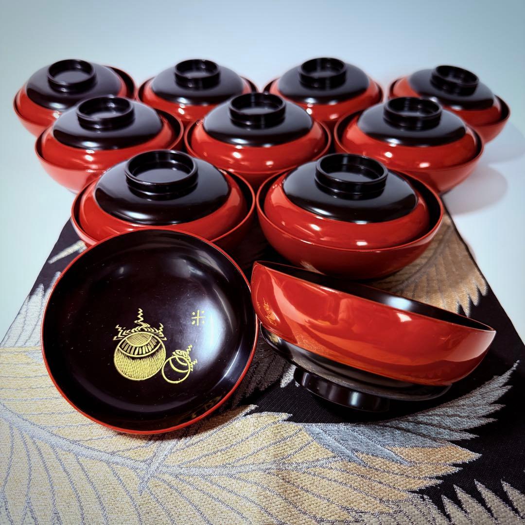 漆器輪島塗　蒔絵金彩細工　沈金木製　蓋付椀　お煮物椀　吸物椀　10客
