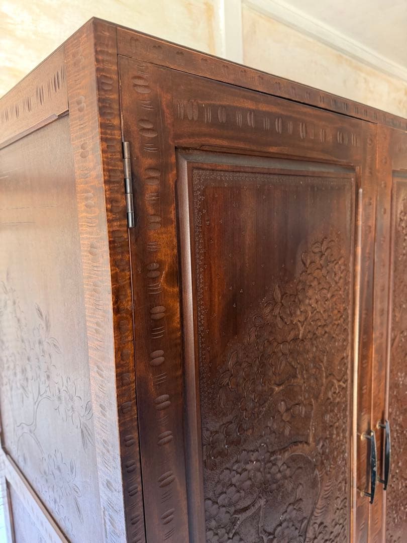 軽井沢彫 箪笥 ワードローブ 整理箪笥 昭和レトロ 伝統工芸品 アンティーク 桜