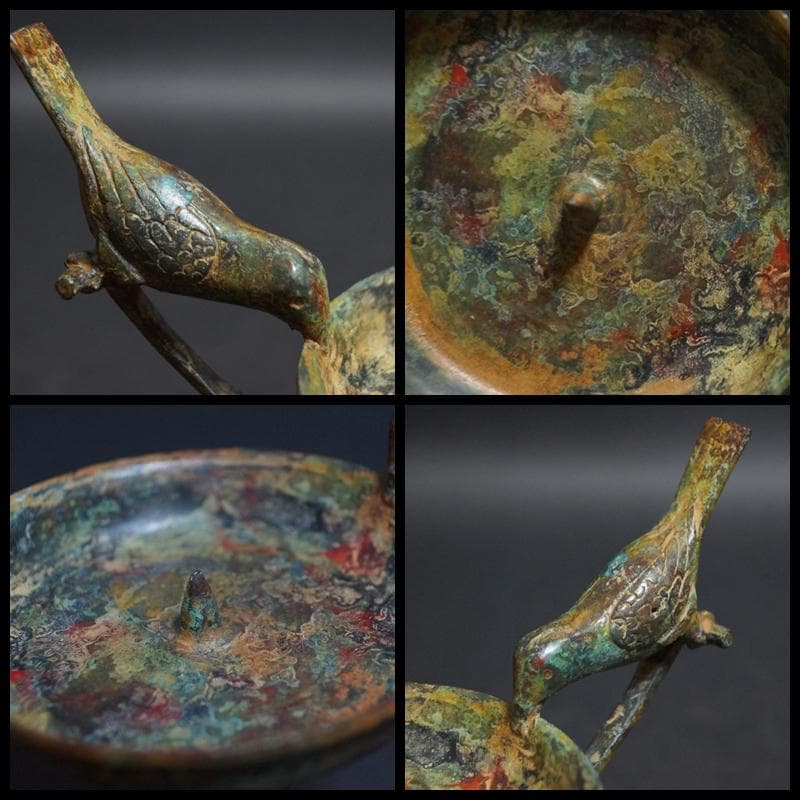 時代青銅製 金工細工 小鳥持ち手 燭台 銅蝋 置物 オブジェ 古美術 茶道具