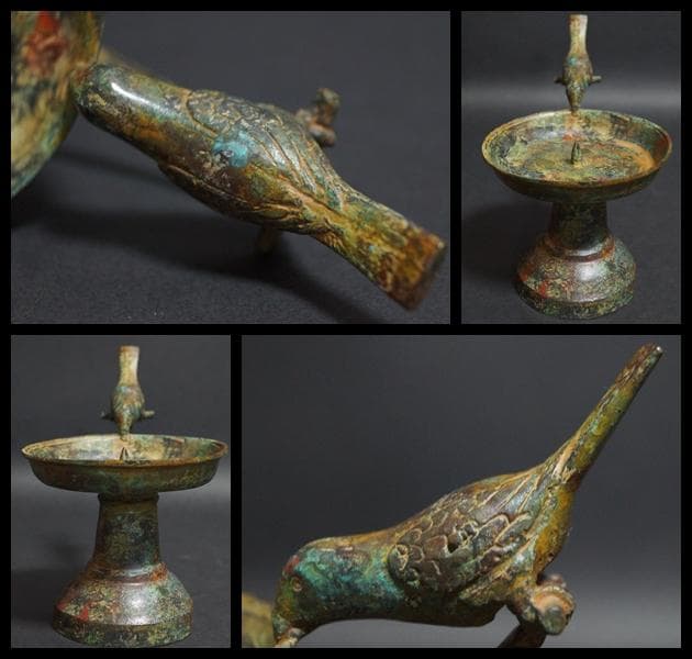 時代青銅製 金工細工 小鳥持ち手 燭台 銅蝋 置物 オブジェ 古美術 茶道具