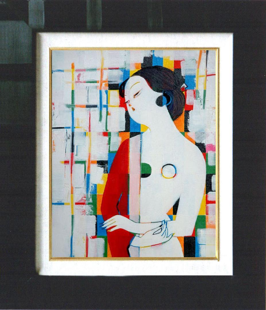 油絵 菅家令子 絵 絵画インテリア額付(青緑＋金色の枠)uF6-010911女性