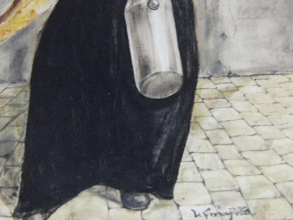 藤田嗣治、【朝の買物】、希少画集画、新品高級額・額装付、状態良好