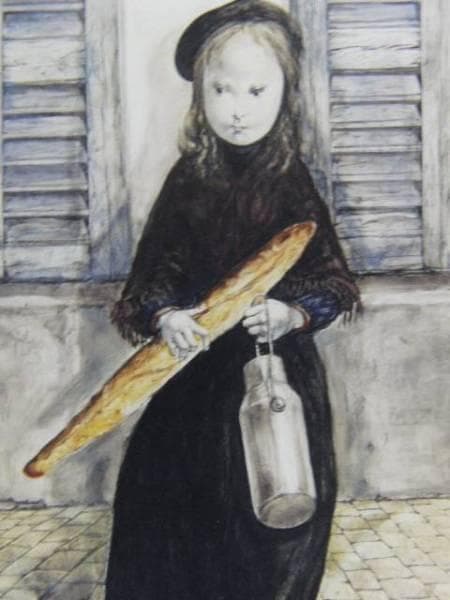 藤田嗣治、【朝の買物】、希少画集画、新品高級額・額装付、状態良好