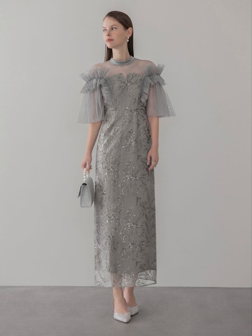 チュールフリルショルダーシアーIラインワンピースドレス結婚式パーティー二次会