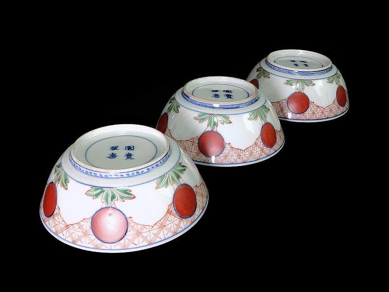 大聖寺伊万里　色絵　鶴に龍　赤玉丸紋の図　春寒鉢　３客　D932AS-fbpw