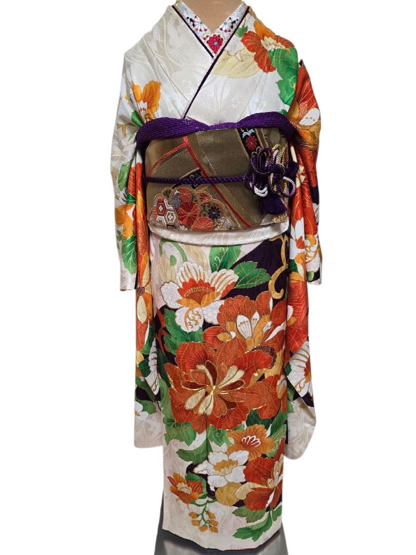 振袖　フルセット　豪華絢爛　刺繍　地文　成人式　結婚式　華やか　オレンジ　紫