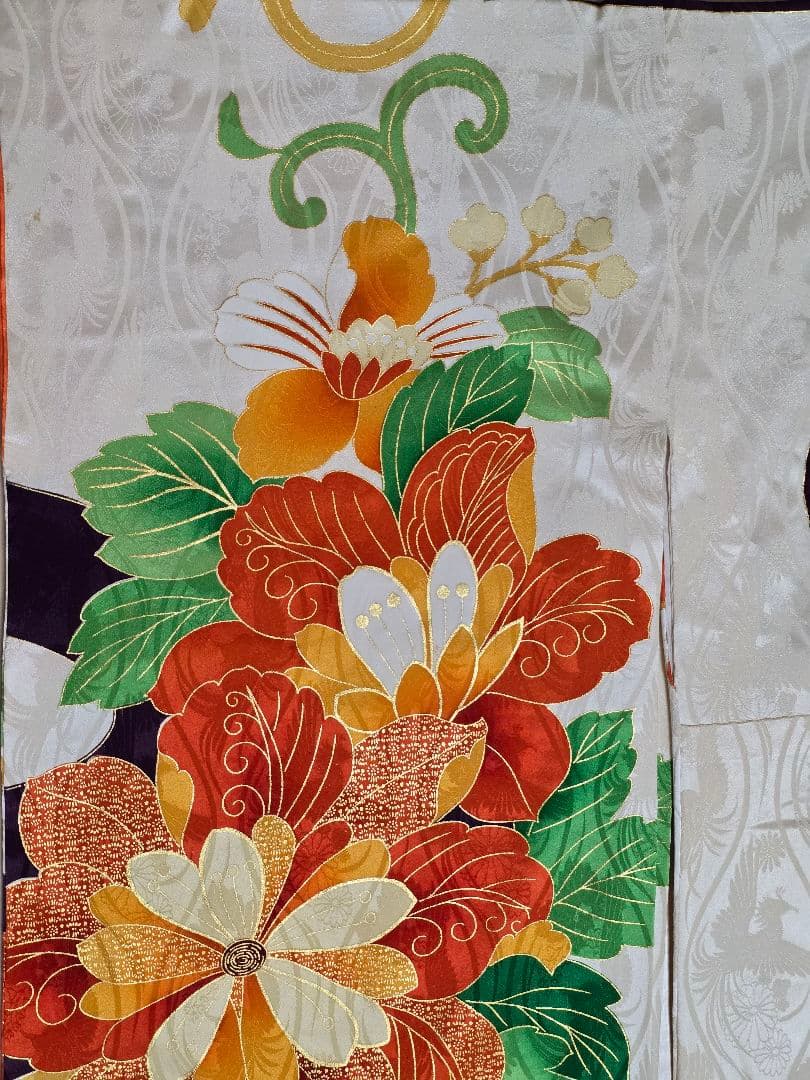 振袖　フルセット　豪華絢爛　刺繍　地文　成人式　結婚式　華やか　オレンジ　紫