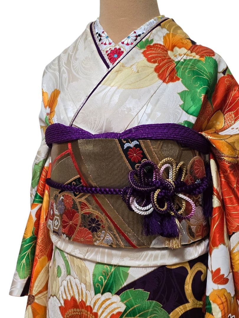 振袖　フルセット　豪華絢爛　刺繍　地文　成人式　結婚式　華やか　オレンジ　紫