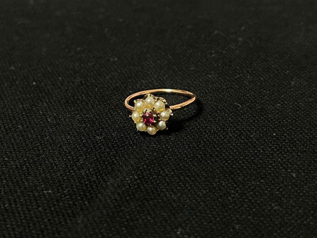 チロルヴィンテージ9Kルビー＆パール英国アンティークリング