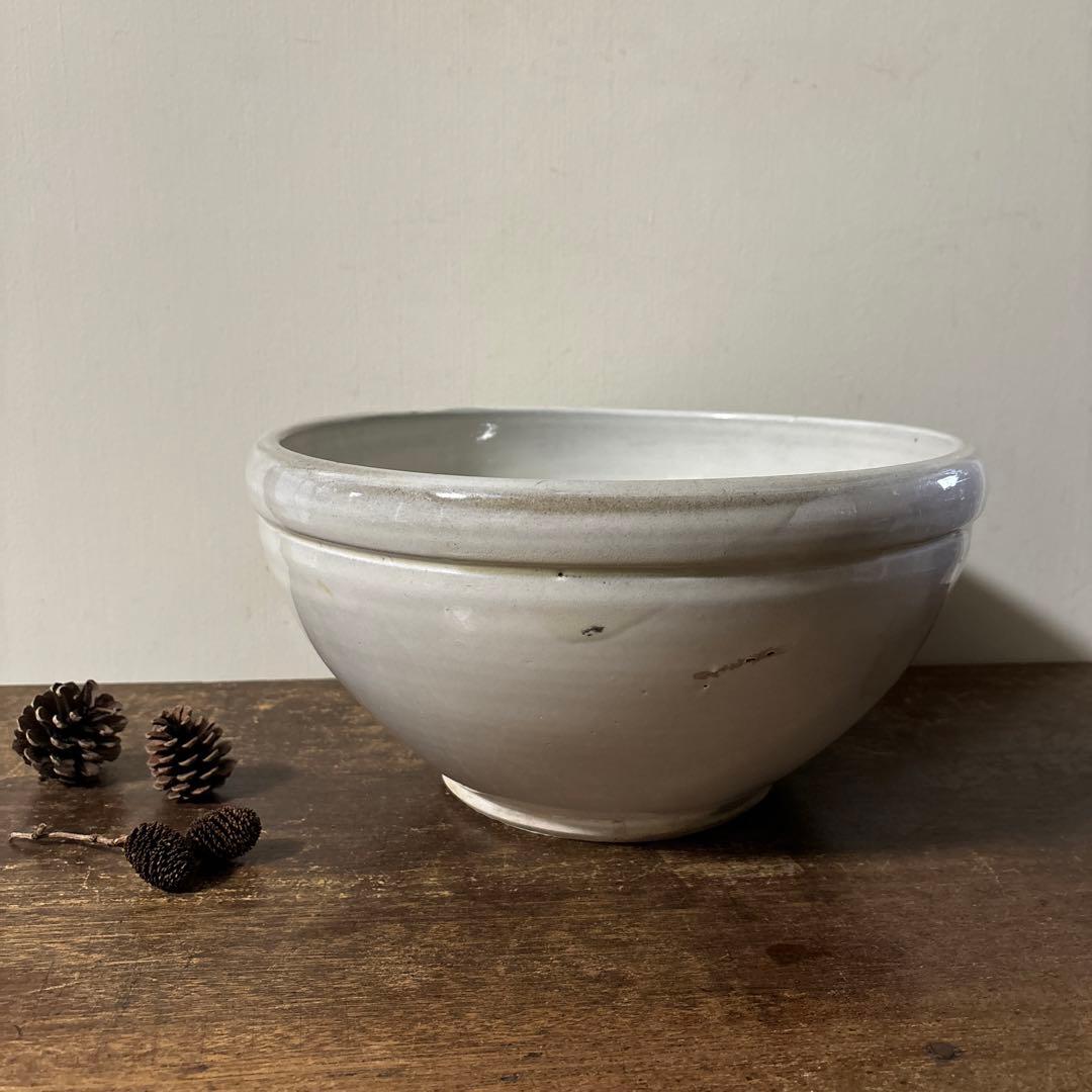 東北民窯　平清水焼　大鉢　白釉　花器　こね鉢　白磁　骨董　アンティーク　李朝