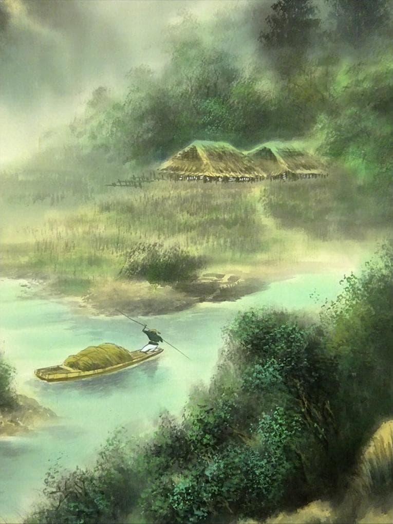 掛軸 2点セット 榊原嘉夫 綾部栄照『高砂図 彩色山水図』絹本 共箱付 良好品