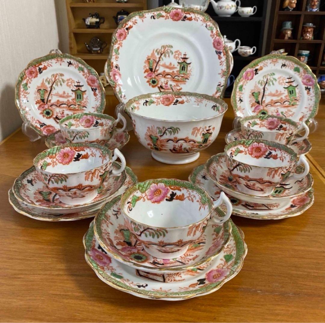 英国窯初期のアンティーク　カップ　ソーサー　プレート　シノワズリ c1880