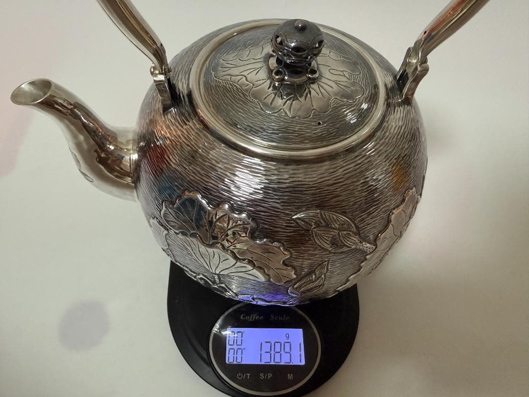 極上純銀製 蓮文様 高工芸 湯沸 銀瓶 煎茶道具 重量1389g