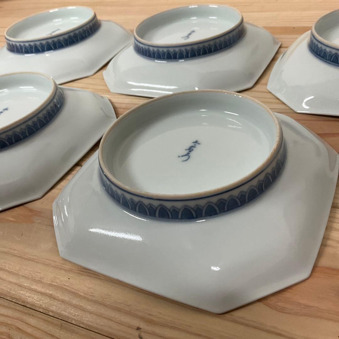 1４代今泉今右衛門　隅切染錦八角皿　5客揃え