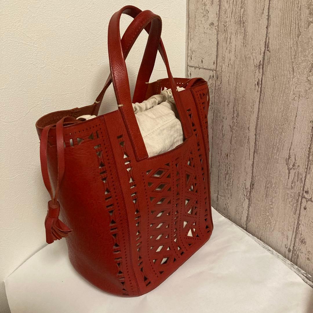genten 赤レザー カットアウト トートバッグ