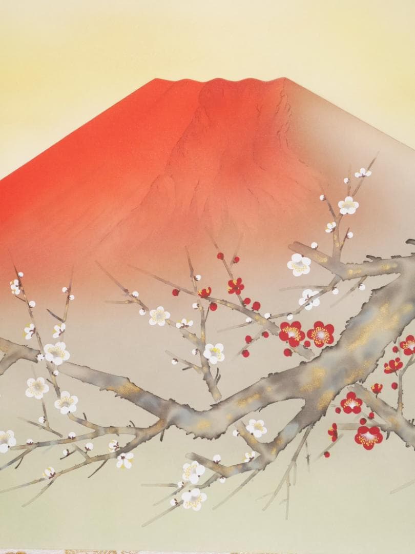 掛軸【赤富士紅白梅】日本画家　井上秀峰◆絹本肉筆　共箱付　日本画　山水　花鳥