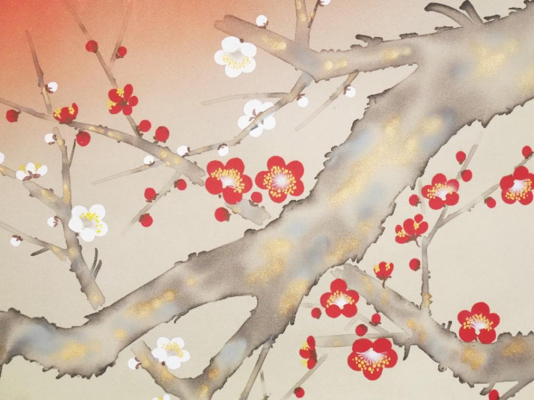 掛軸【赤富士紅白梅】日本画家　井上秀峰◆絹本肉筆　共箱付　日本画　山水　花鳥