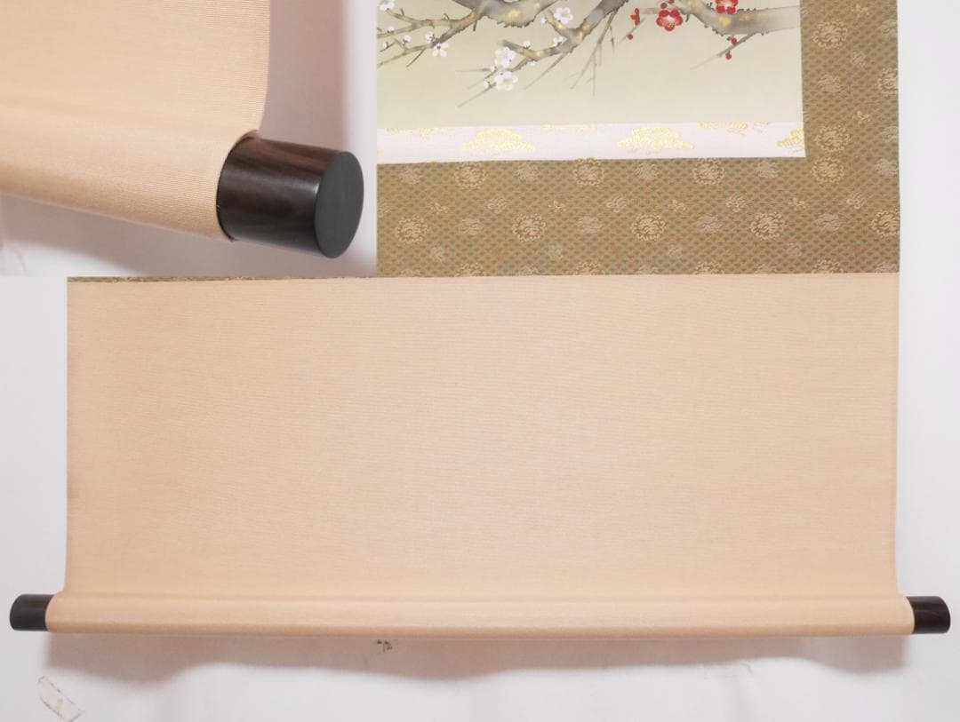 掛軸【赤富士紅白梅】日本画家　井上秀峰◆絹本肉筆　共箱付　日本画　山水　花鳥