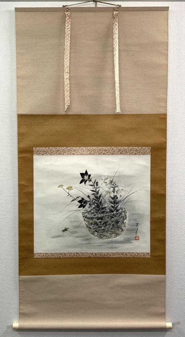 田中案山子／田中以知庵師事「花籠秋草」掛軸 紙本 共箱