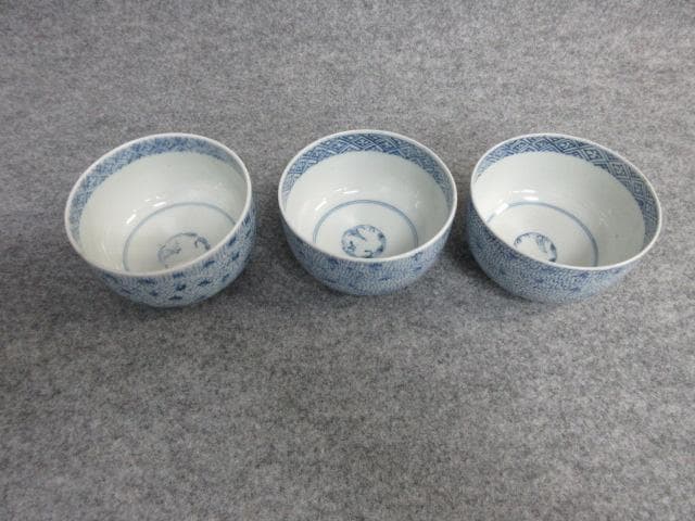 古伊万里染付みじん唐草文りん茶碗3個 [B25834]