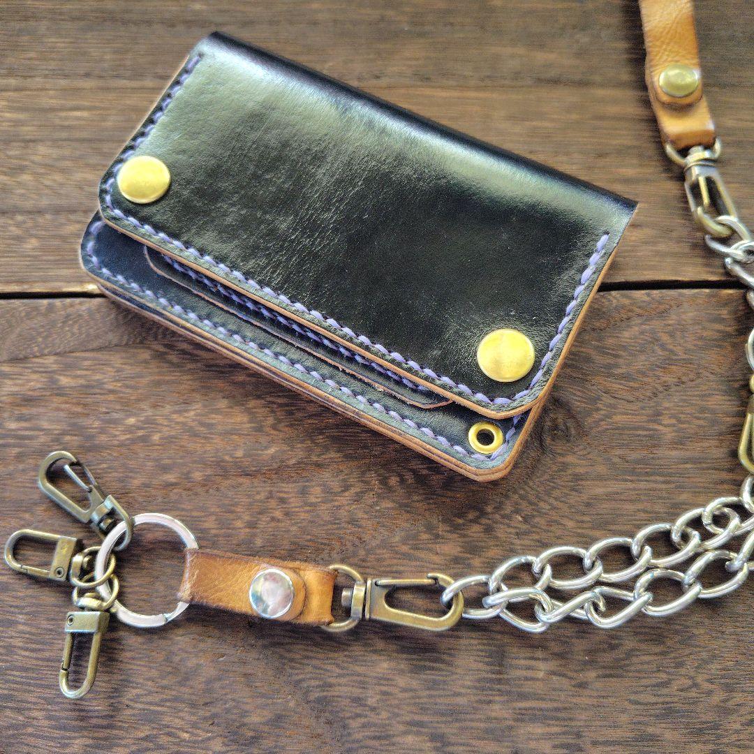 ミドルサイズ トラッカーウォレット 黒×ネイビー 雲月(75)