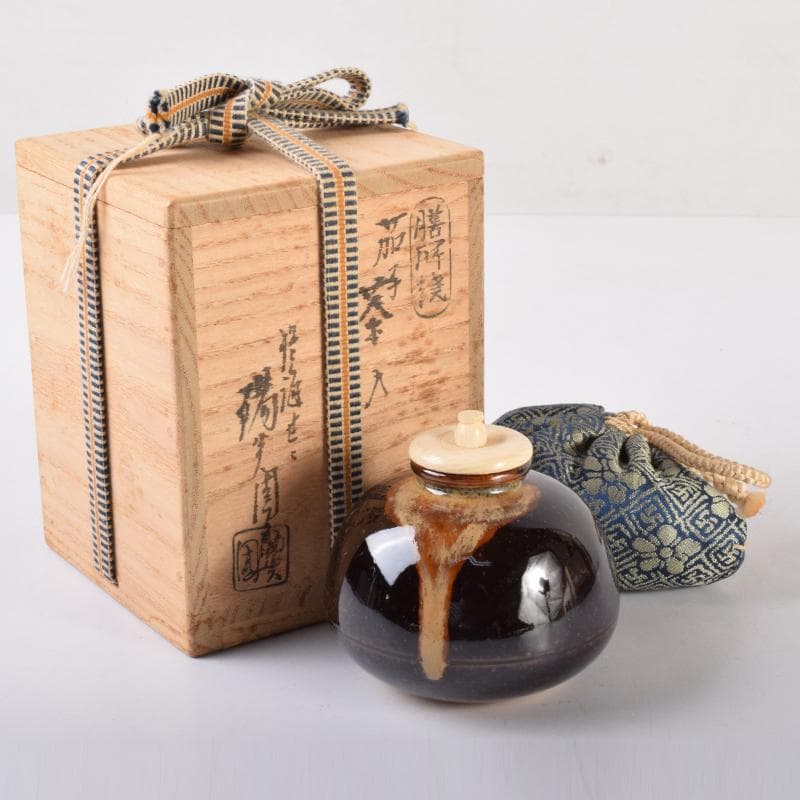 膳所焼　陽炎園造　淡海ぜぜ　茄子　茶入　仕覆付　共箱　M　7080