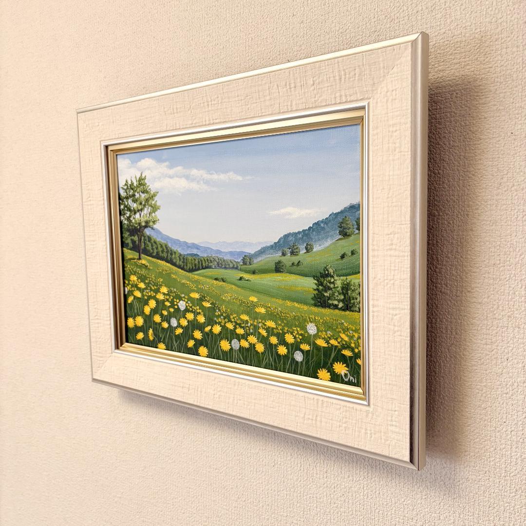 アクリル画　原画　「野花の咲く高原01」額縁付　F4サイズ　キャンバス