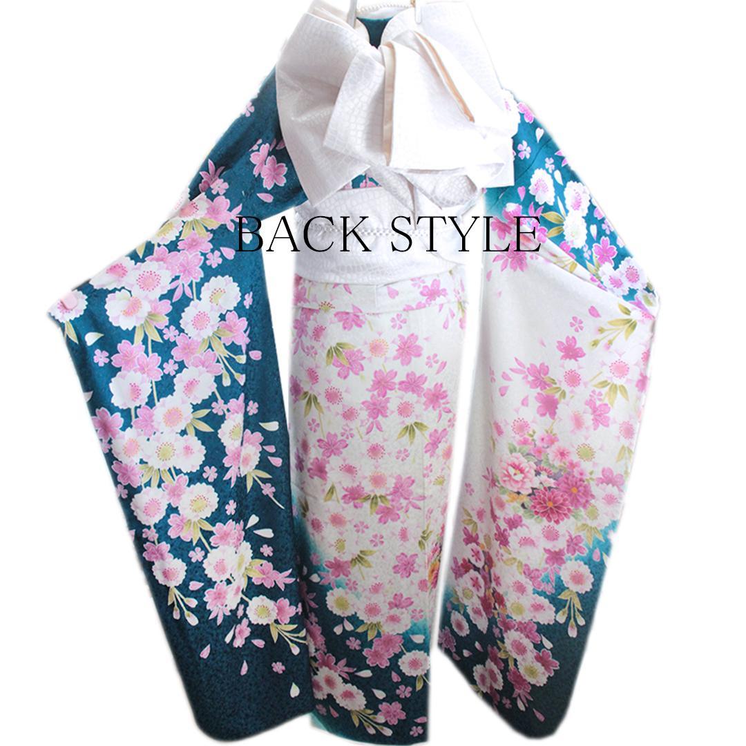 振袖単体/丈171cm/暗いターコイズブルー/トールサイズ生成り白系正絹TT19