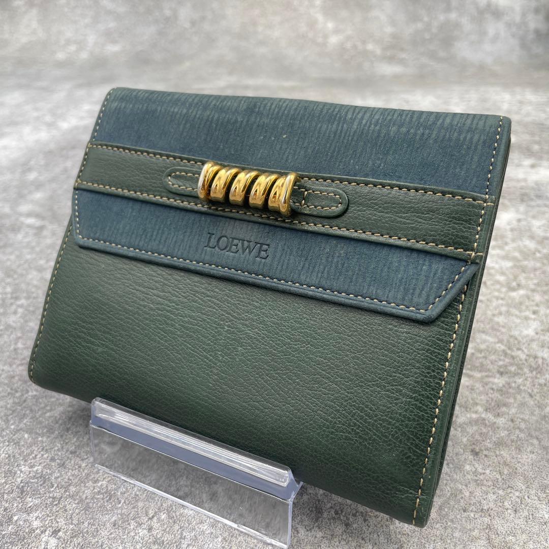【極美品】LOEWE ロエベ 折り財布 レザー 緑 グリーン エンボスロゴ