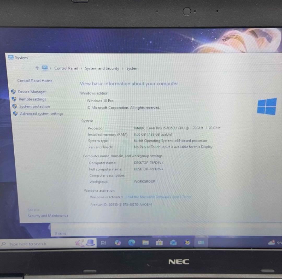Windowsノート本体 NEC VersaPro Core i5-8350U / 8GB / 512GB