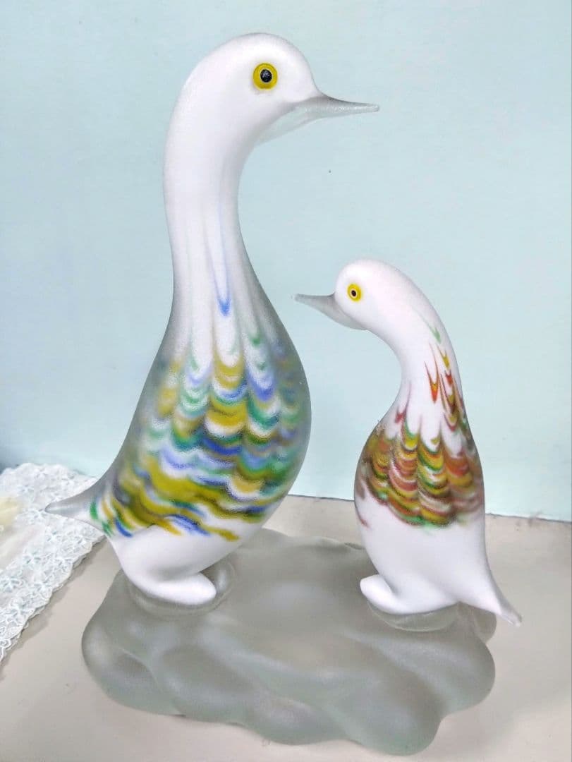 ベネチアングラスの置き物　2羽の鳥　フロストガラスコーティング　ハンドメイド
