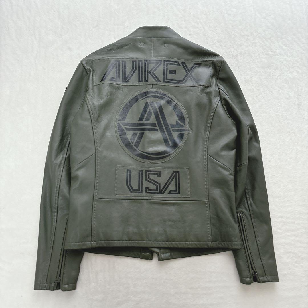 【美品】アヴィレックス　レザージャケット　カーキ　刺繍　ロゴ　やぎ革　ライダース