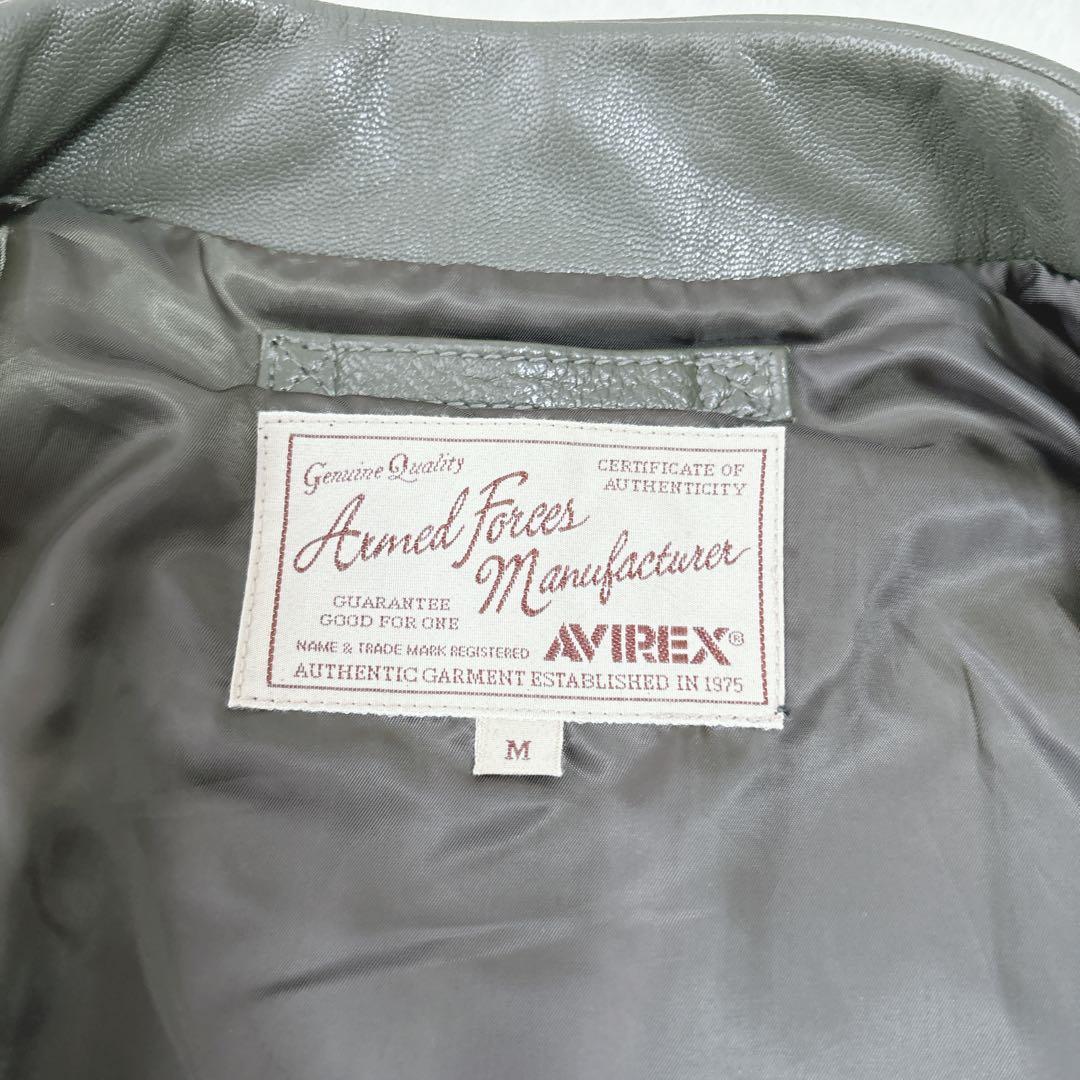 【美品】アヴィレックス　レザージャケット　カーキ　刺繍　ロゴ　やぎ革　ライダース