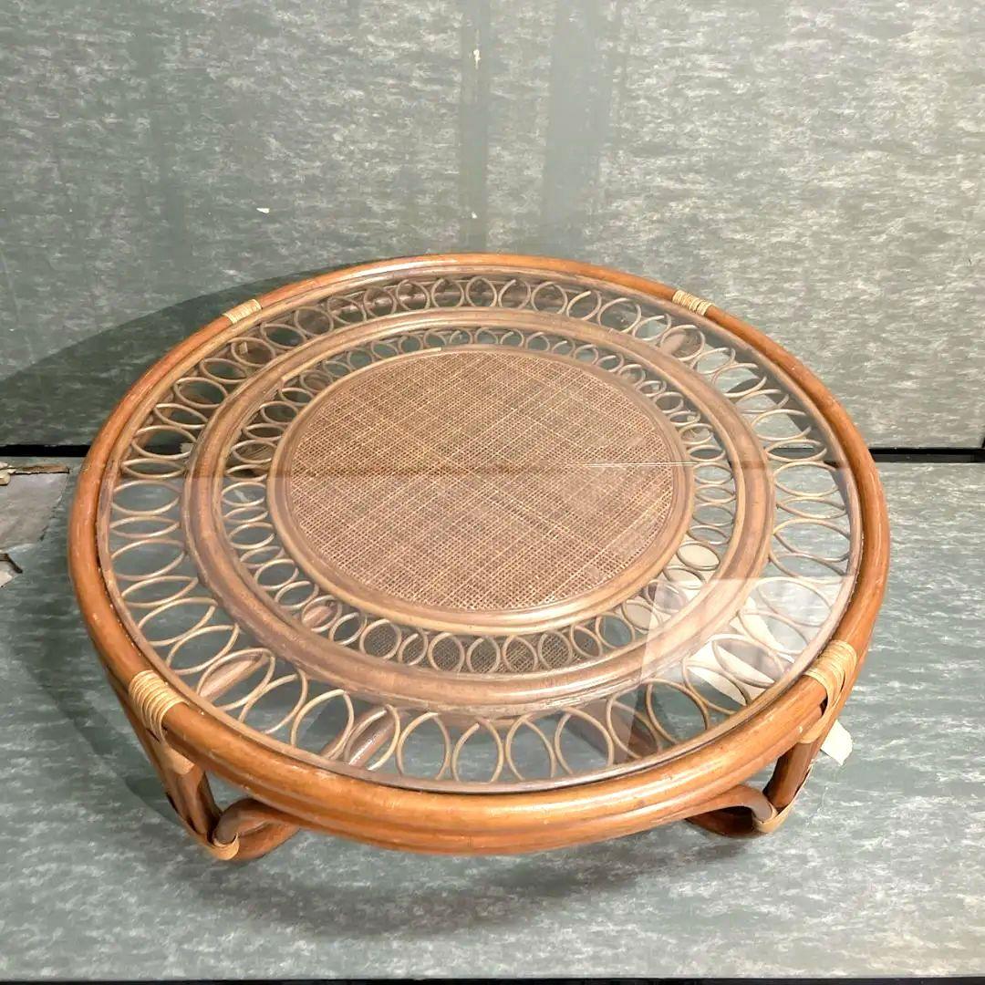 【高級ヴィンテージ】ラタンテーブル ラウンド 座卓 ちゃぶ台 籐家具 丸テーブル