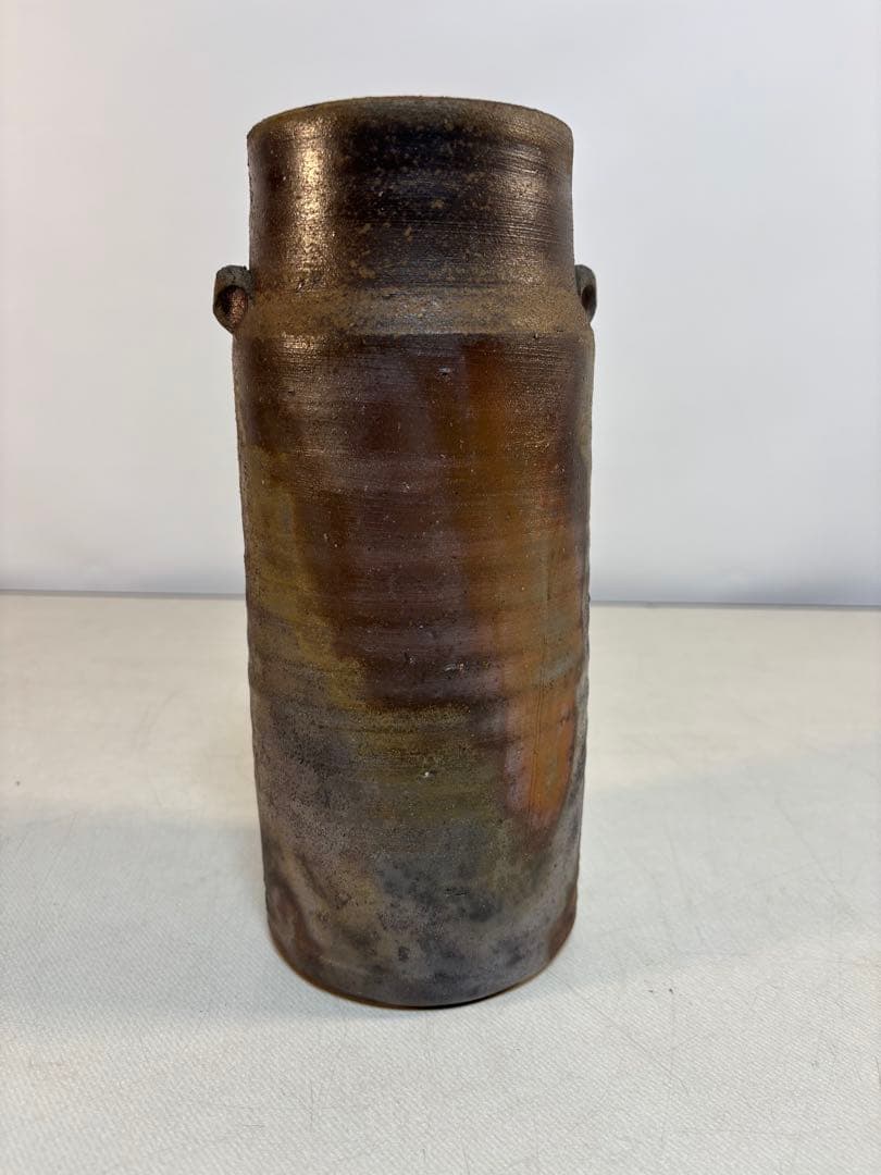 備前焼　陶印有り　耳付き花筒　 花瓶　花入