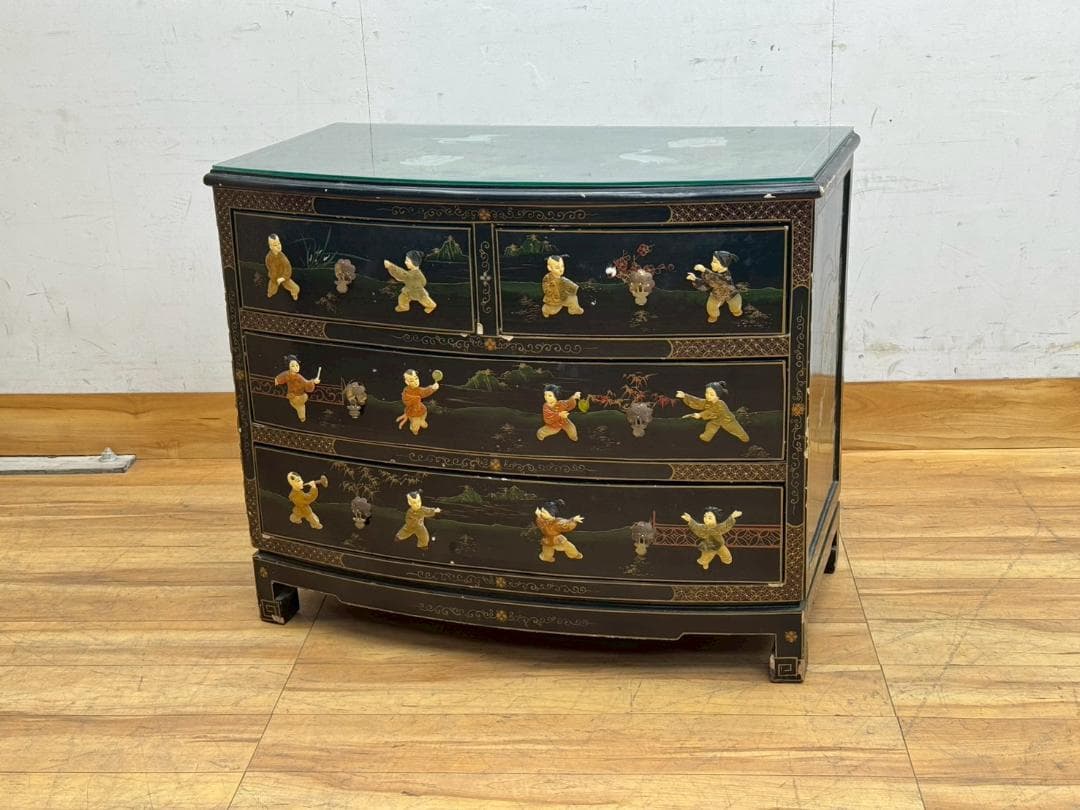 T1533☆中国家具　アンティーク　チェスト　シノワズリ　玉石細工　黒漆　箪笥