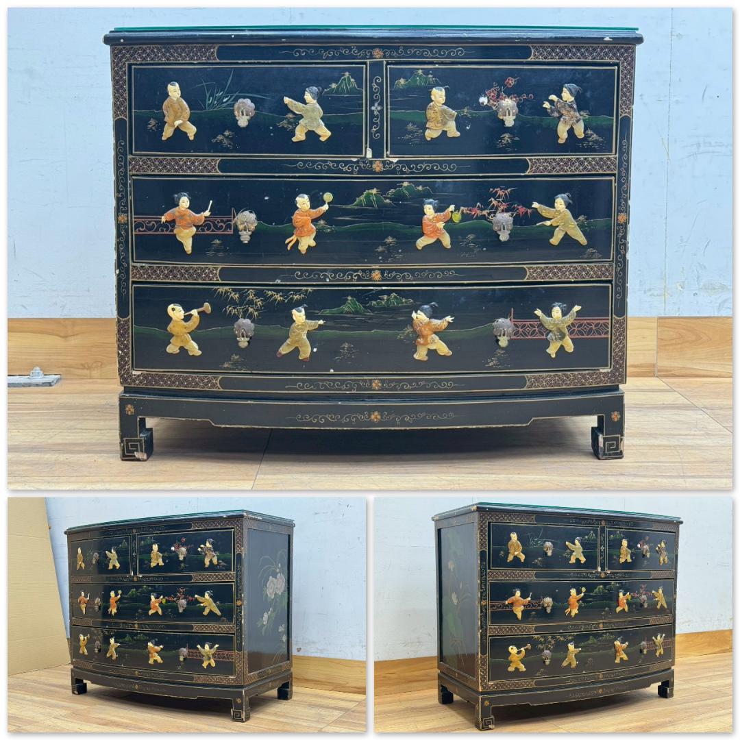 T1533☆中国家具　アンティーク　チェスト　シノワズリ　玉石細工　黒漆　箪笥