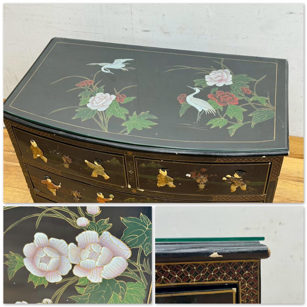 T1533☆中国家具　アンティーク　チェスト　シノワズリ　玉石細工　黒漆　箪笥