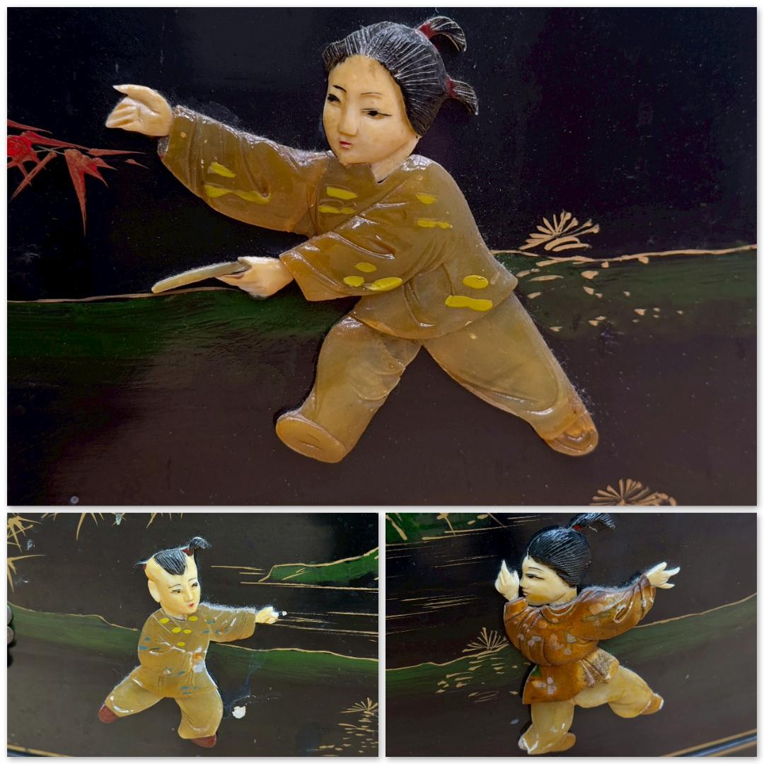 T1533☆中国家具　アンティーク　チェスト　シノワズリ　玉石細工　黒漆　箪笥