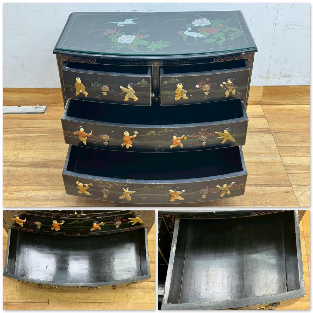 T1533☆中国家具　アンティーク　チェスト　シノワズリ　玉石細工　黒漆　箪笥