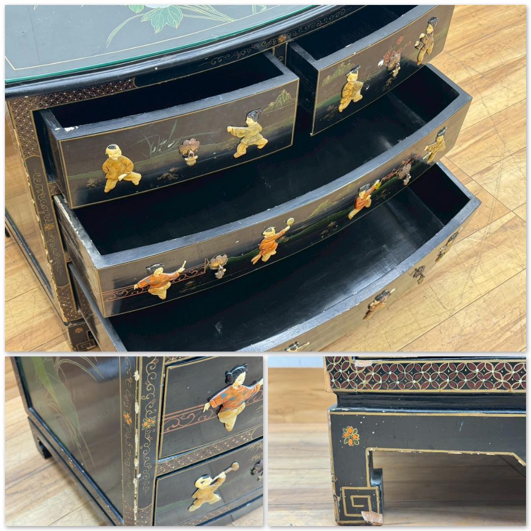 T1533☆中国家具　アンティーク　チェスト　シノワズリ　玉石細工　黒漆　箪笥