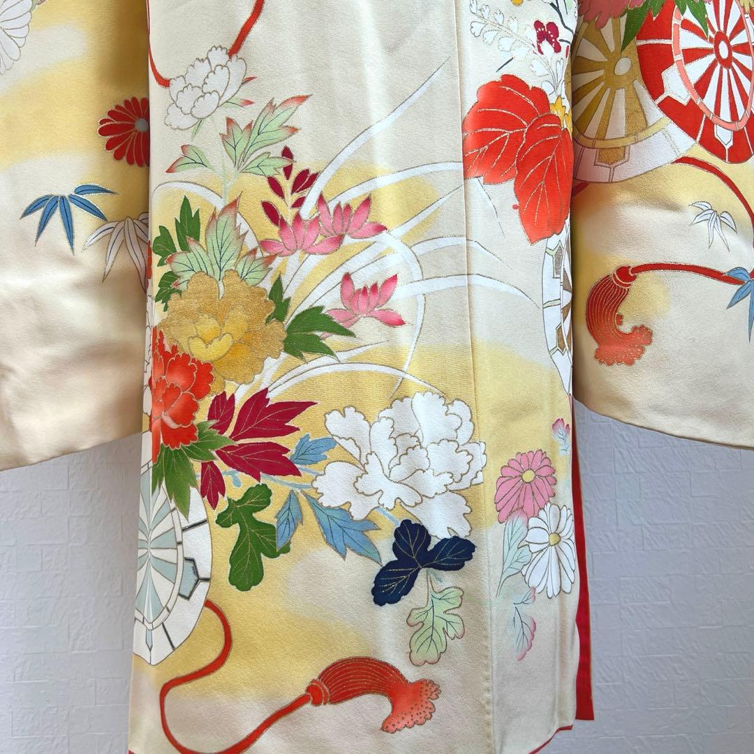 447 振袖フルセット 正絹 クリームイエロー 手描き 金彩 暈し染め レトロ