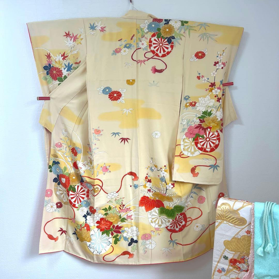 447 振袖フルセット 正絹 クリームイエロー 手描き 金彩 暈し染め レトロ
