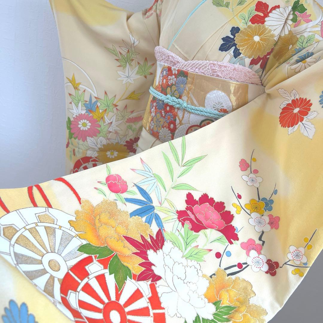 447 振袖フルセット 正絹 クリームイエロー 手描き 金彩 暈し染め レトロ