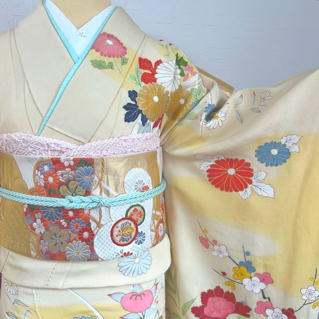 447 振袖フルセット 正絹 クリームイエロー 手描き 金彩 暈し染め レトロ