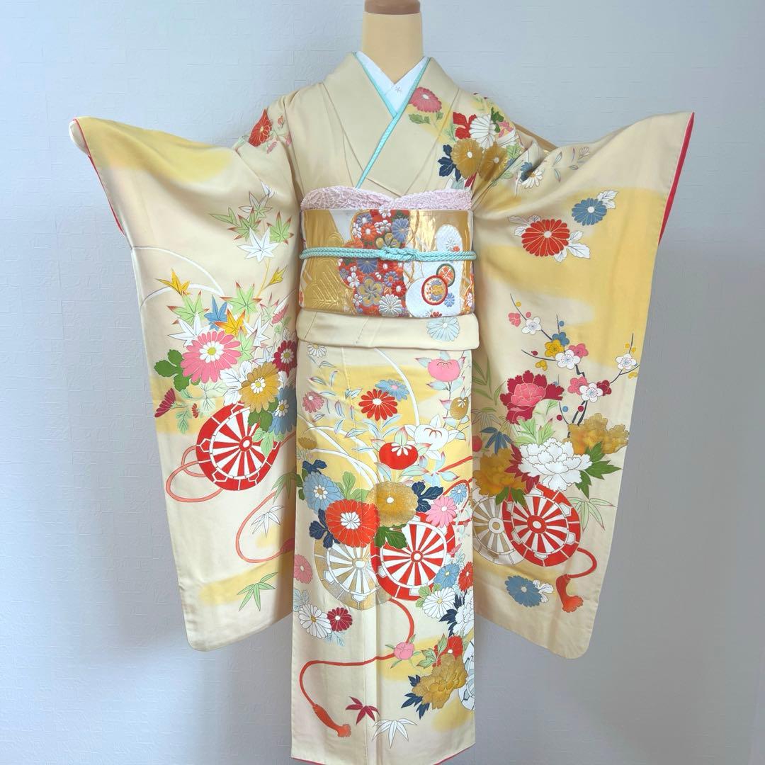 447 振袖フルセット 正絹 クリームイエロー 手描き 金彩 暈し染め レトロ