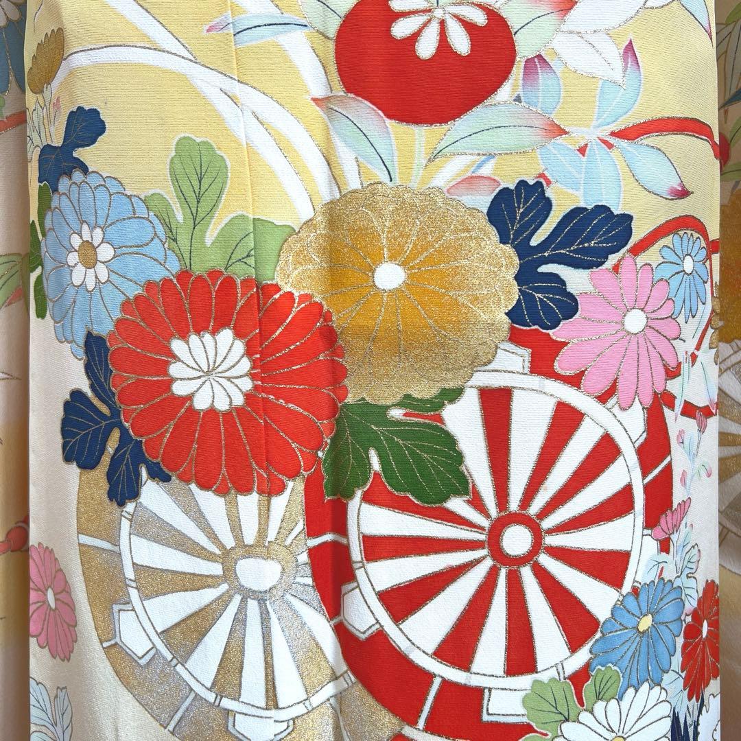 447 振袖フルセット 正絹 クリームイエロー 手描き 金彩 暈し染め レトロ