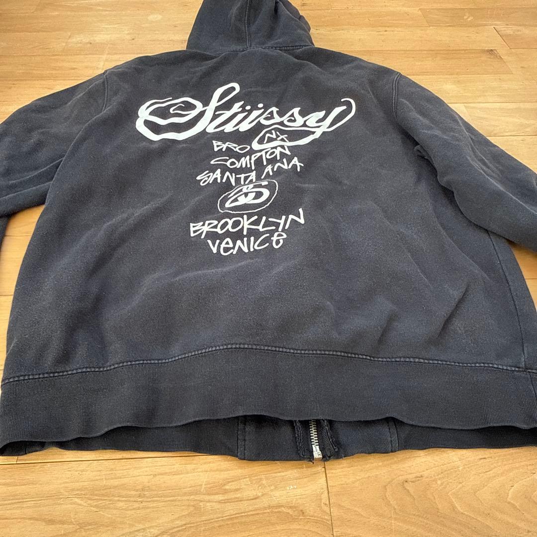 stussy ジップアップパーカー　ワールドツアー　ブラック　L フーディ　黒