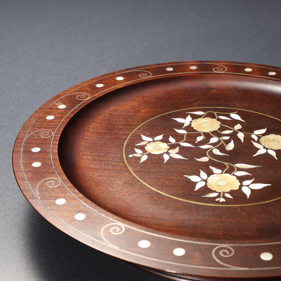 漆塗　丸盆　黄銅銀 螺鈿野菊文丸盆　共箱　吉本寿　R1430お3