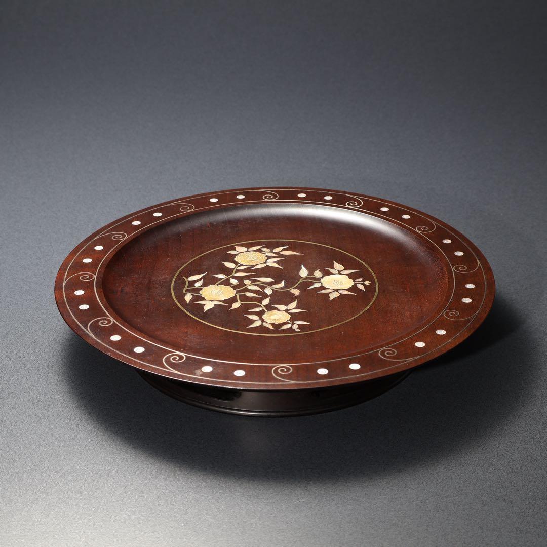 漆塗　丸盆　黄銅銀 螺鈿野菊文丸盆　共箱　吉本寿　R1430お3